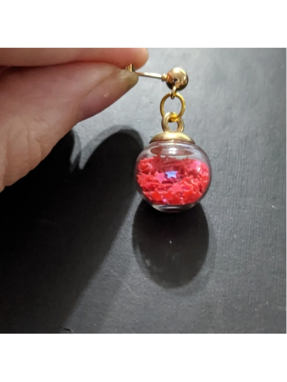 Gold Tone Coral Pink Iridescent Star Filled Balls Dangle Drop Statement Earrings